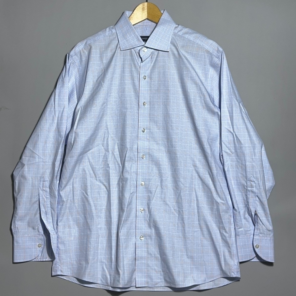 Proper Cloth Slim Fit Button Down Mens Size 17 34 Prince of Wales Check Blue